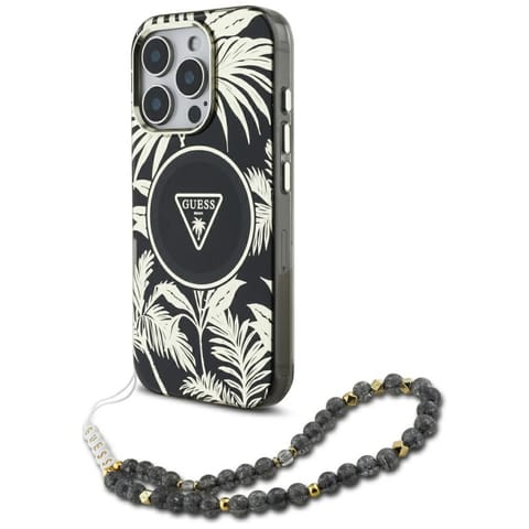 ⁨Etui Guess Palm Trees Triangle Pearl     Strap MagSafe do iPhone 16  Pro czarny⁩ w sklepie Wasserman.eu
