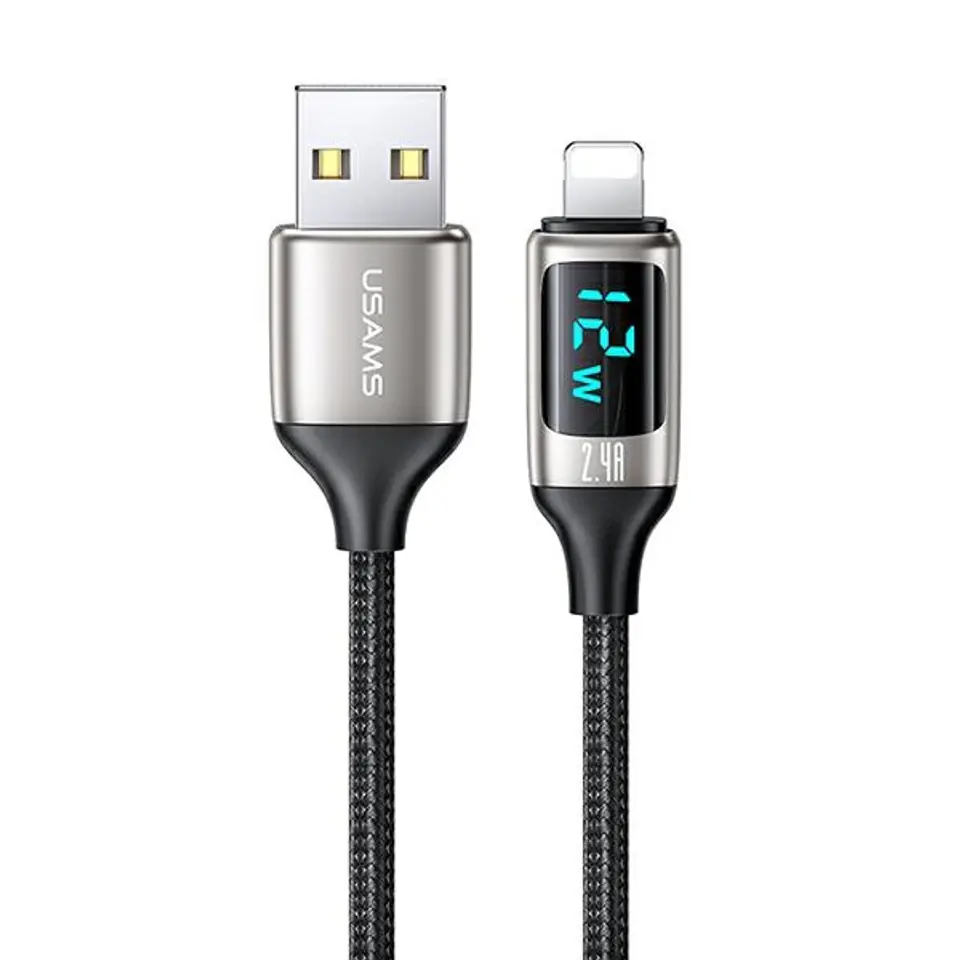 ⁨USAMS Kabel pleciony U78 lightning 1.2m LED 2.4A Fast Charging silver black SJ543USB02 (US-SJ543)⁩ w sklepie Wasserman.eu