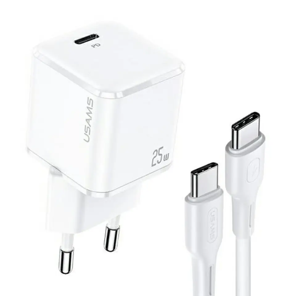 ⁨USAMS Ład. siec. 1xUSB-C T42 mini 25WSuper SI PD3.0 Fast Charging +kabel U43 USB-C/USB-C biały/white YJXLOGTC02 (USAMS-YJ)⁩ w sklepie Wasserman.eu