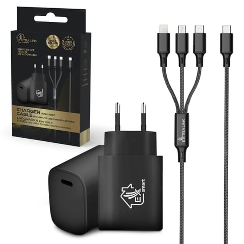 ⁨EXTRALINK SMART LIFE SET03 CABLE 3 in 1 + CHARGER: 12W, 120CM / 20W PD3.0 5V/3A 9V/2.2A 12V 1.67A (BLACK)⁩ w sklepie Wasserman.eu