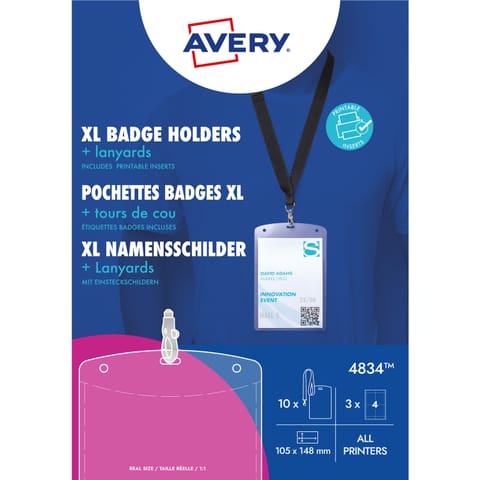 ⁨Kieszenie na identyfikator A6 ze smyczą 148x105mm (10 sztuk + 12 wkładów) 4834 AVERY⁩ w sklepie Wasserman.eu