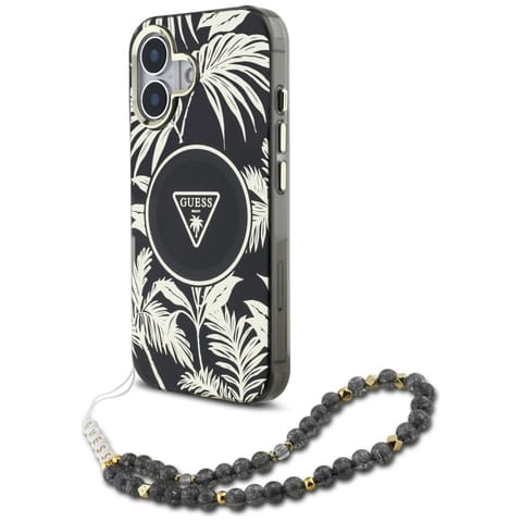 ⁨Etui Guess Palm Trees Triangle Pearl     Strap MagSafe do iPhone 16 czarny⁩ w sklepie Wasserman.eu