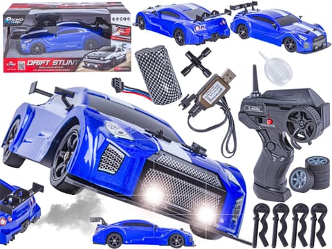 ⁨DUŻY Samochód Do Driftu Auto RC Drift 1:16 2,4 GHz PARA DYM 4WD Niebieski Nissan GTR LED⁩ w sklepie Wasserman.eu