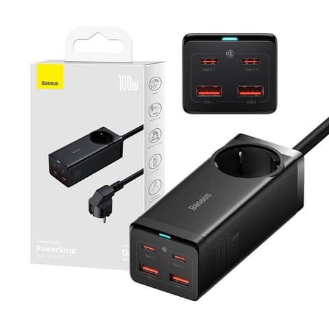 ⁨Ładowarka sieciowa / listwa zasilająca Baseus GaN3 Pro 2x USB + 2xUSB-C + AC, 100W (czarna)⁩ w sklepie Wasserman.eu