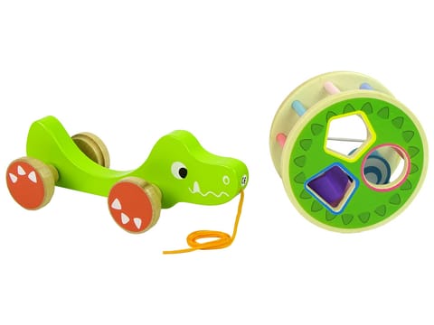 ⁨Green crocodile for pulling on wheels sorter wooden blocks⁩ at Wasserman.eu