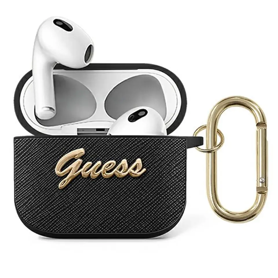 ⁨Guess GUA3SASMK AirPods 3 cover czarny/black Saffiano Script Metal Collection⁩ w sklepie Wasserman.eu