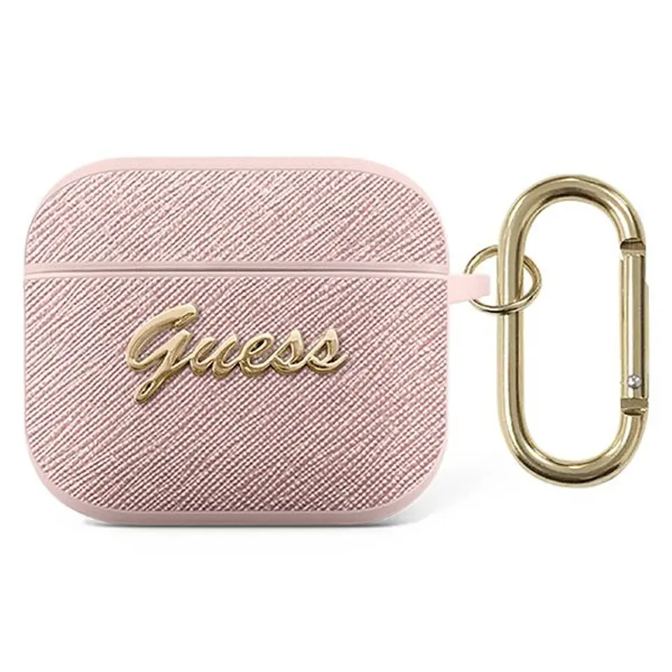 ⁨Guess GUA3SASMP AirPods 3 cover różowy/pink Saffiano Script Metal Collection⁩ w sklepie Wasserman.eu