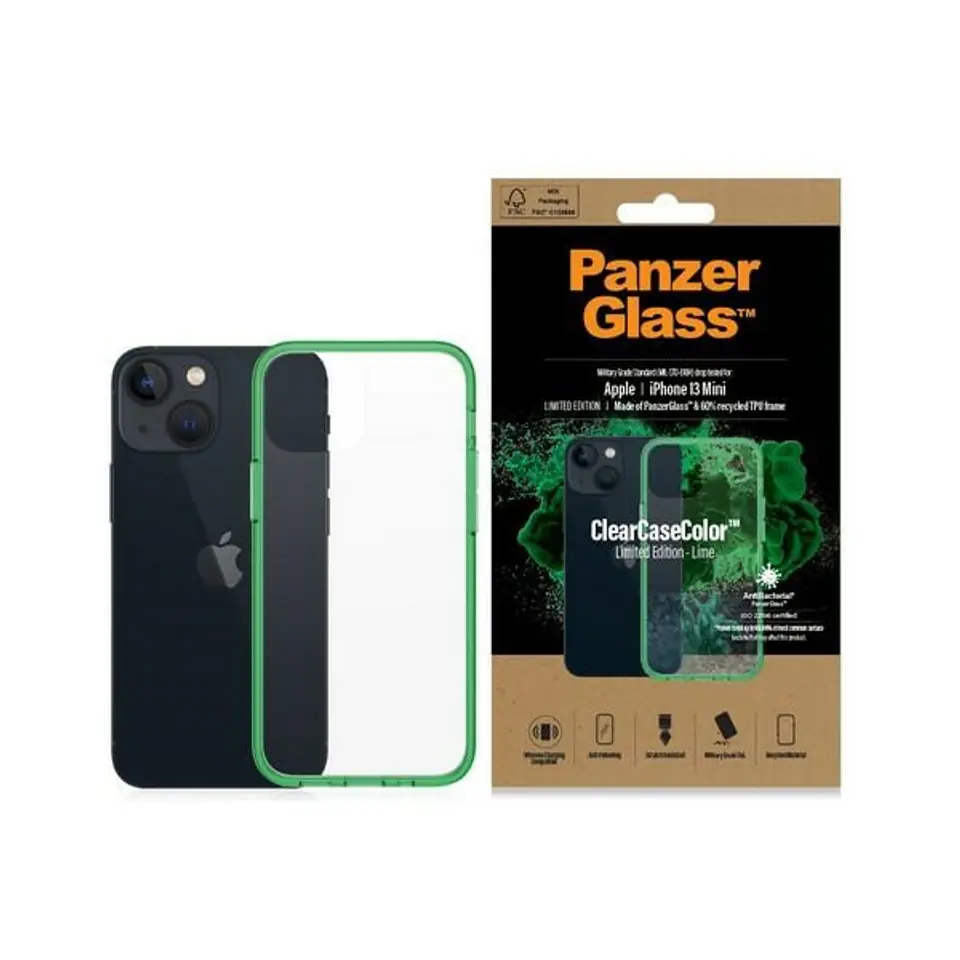 ⁨PanzerGlass ClearCase iPhone 13 Mini 5.4" Antibacterial Military grade Lime 0329⁩ at Wasserman.eu