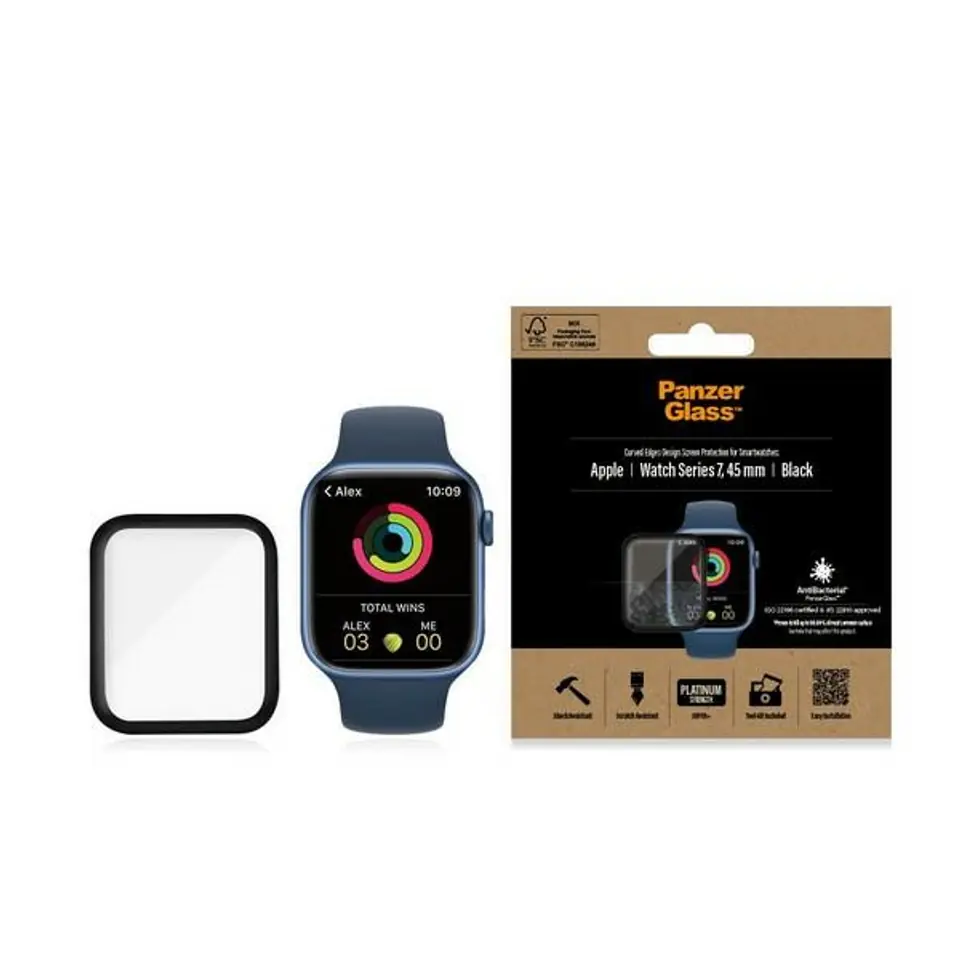 ⁨PanzerGlass Curved Apple Watch 7 45mm Antibacterial Black/Black⁩ at Wasserman.eu