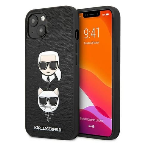 ⁨Karl Lagerfeld Saffiano Karl & Choupette Embossed Heads - iPhone 13 mini Case (Black)⁩ at Wasserman.eu