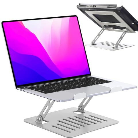 ⁨Uchwyt na laptop Macbook tablet 17" stojak podstawka składany regulowany aluminiowy na biurko 25 x 21.5cm Alogy Srebrny⁩ w sklepie Wasserman.eu