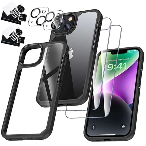 ⁨Etui Case do iPhone 14 + zestaw 4 szkieł 5w1 pancerne 360 Alogy Hybrid 2x Szkło na ekran +2x obiektyw czarno-przezroczyste⁩ w sklepie Wasserman.eu