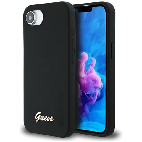 ⁨Etui Guess Silicone Script Metal Logo    MagSafe do iPhone 16e czarny⁩ w sklepie Wasserman.eu