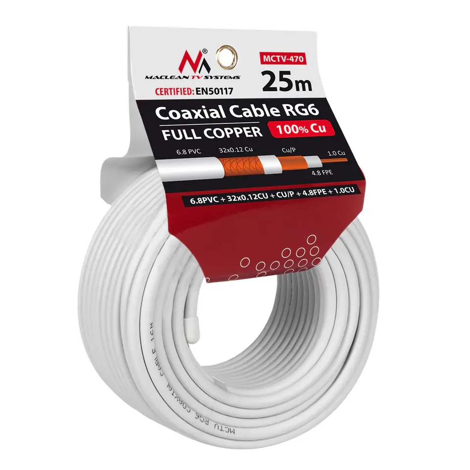 ⁨Kabel  koncentryczny Maclean, Przewód  antenowy satelitarny, RG6 1.02CU+4.8FPE+CU/P+32*0.12CU+6.8PVC, 25M, MCTV-470⁩ w sklepie Wasserman.eu