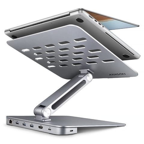 ⁨HMC-STND Stojak z wieloportowy hub Aluminiowy 7in1, 5Gbps, do 10"-16" cali laptopów, nastawny, 3x USB-A, HDMI 4K/60Hz, GLAN, PD 100W, 60cm USB-C kabel⁩ w sklepie Wasserman.eu