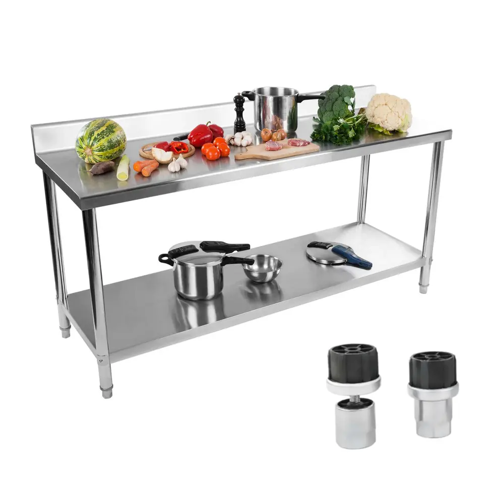 ⁨Kitchen table stainless steel worktop with edge and bottom shelf 200x60cm⁩ at Wasserman.eu