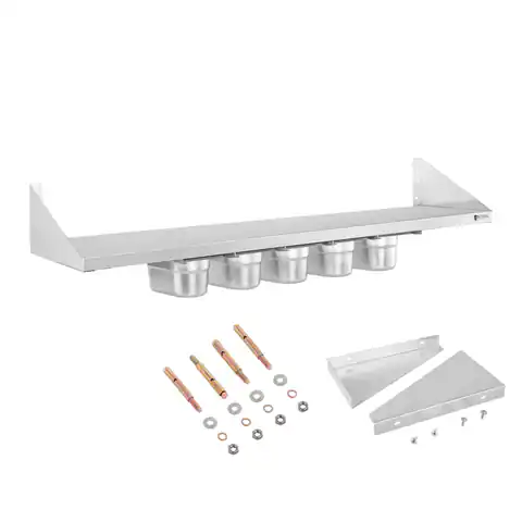 ⁨Wall shelf hanging on stainless steel consoles with GN1/9 containers⁩ at Wasserman.eu