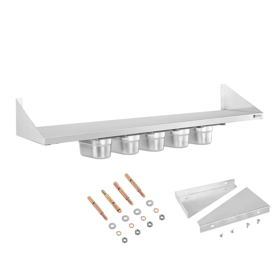 ⁨Wall shelf hanging on stainless steel consoles with GN1/9 containers⁩ at Wasserman.eu