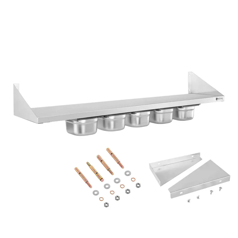 ⁨Wall shelf hanging on stainless steel consoles with GN1/6 containers⁩ at Wasserman.eu