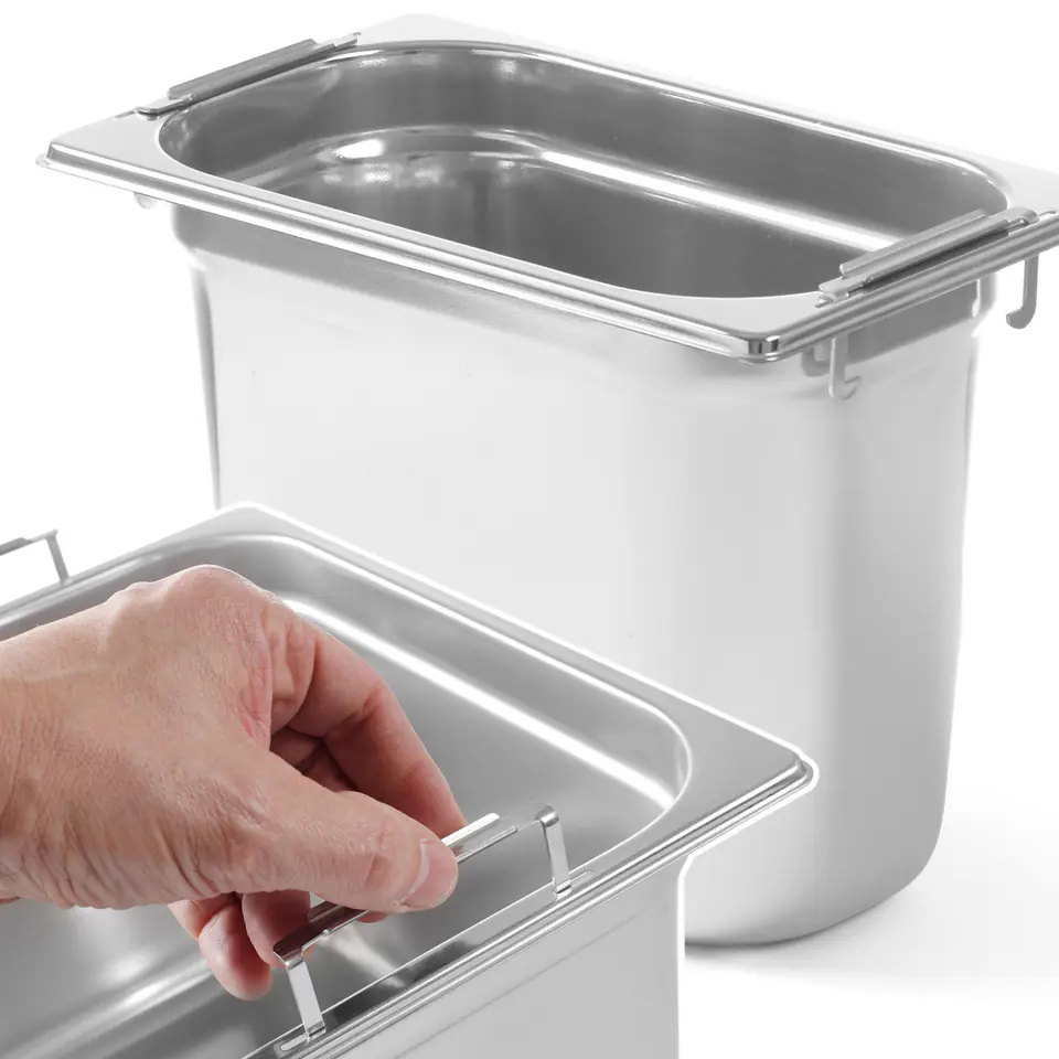 ⁨GN container with retractable handles stainless steel GN1/4 265x162mm height 200mm - Hendi 803608⁩ at Wasserman.eu