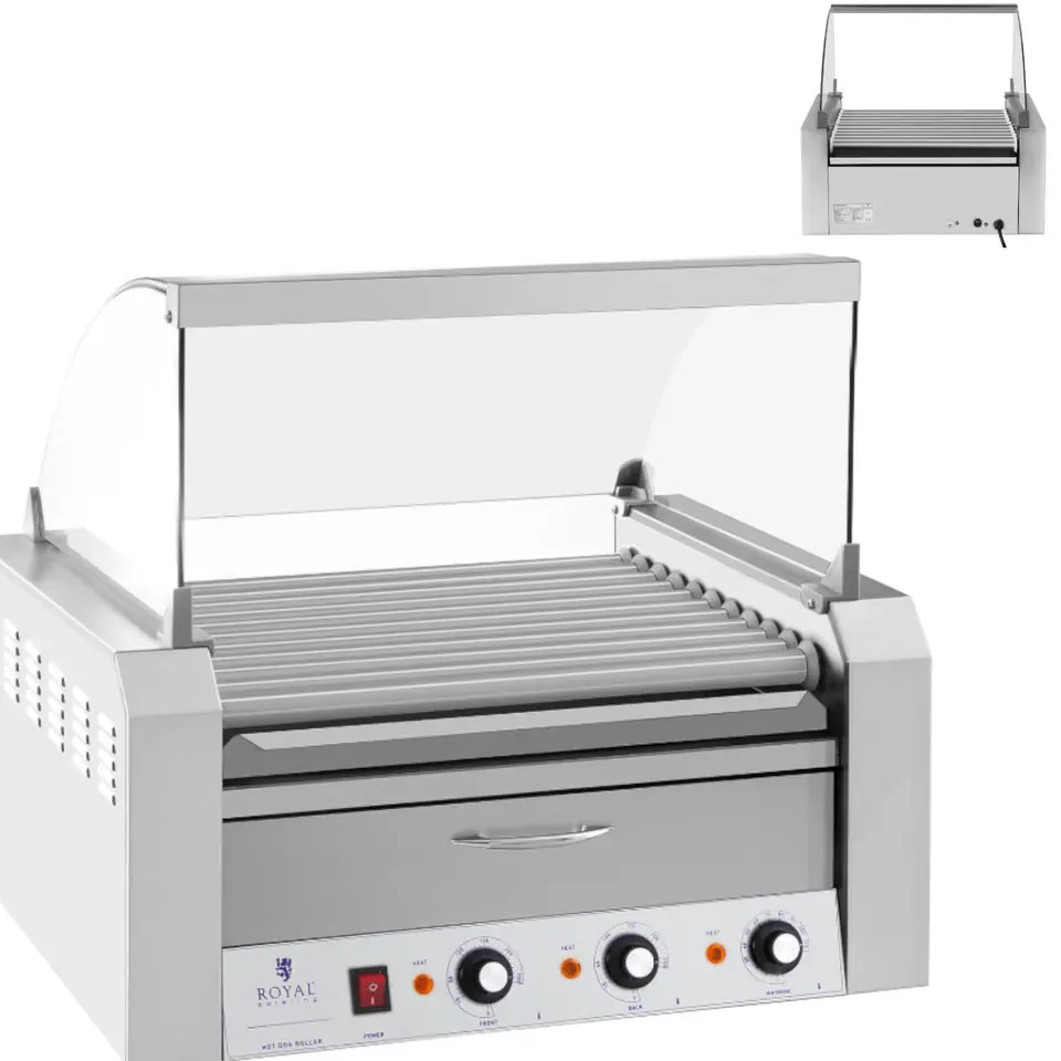 ⁨Roller grill rolkowy z osłoną i szufladą grzewczą do bułek 20 parówek HotDog 2600W 230V Royal Catering⁩ w sklepie Wasserman.eu