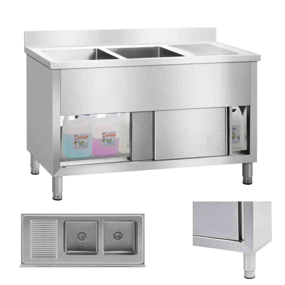 ⁨Zlewozmywak zlew gastronomiczny przemysłowy 2-komorowy na podstawie 140cm Royal Catering⁩ w sklepie Wasserman.eu