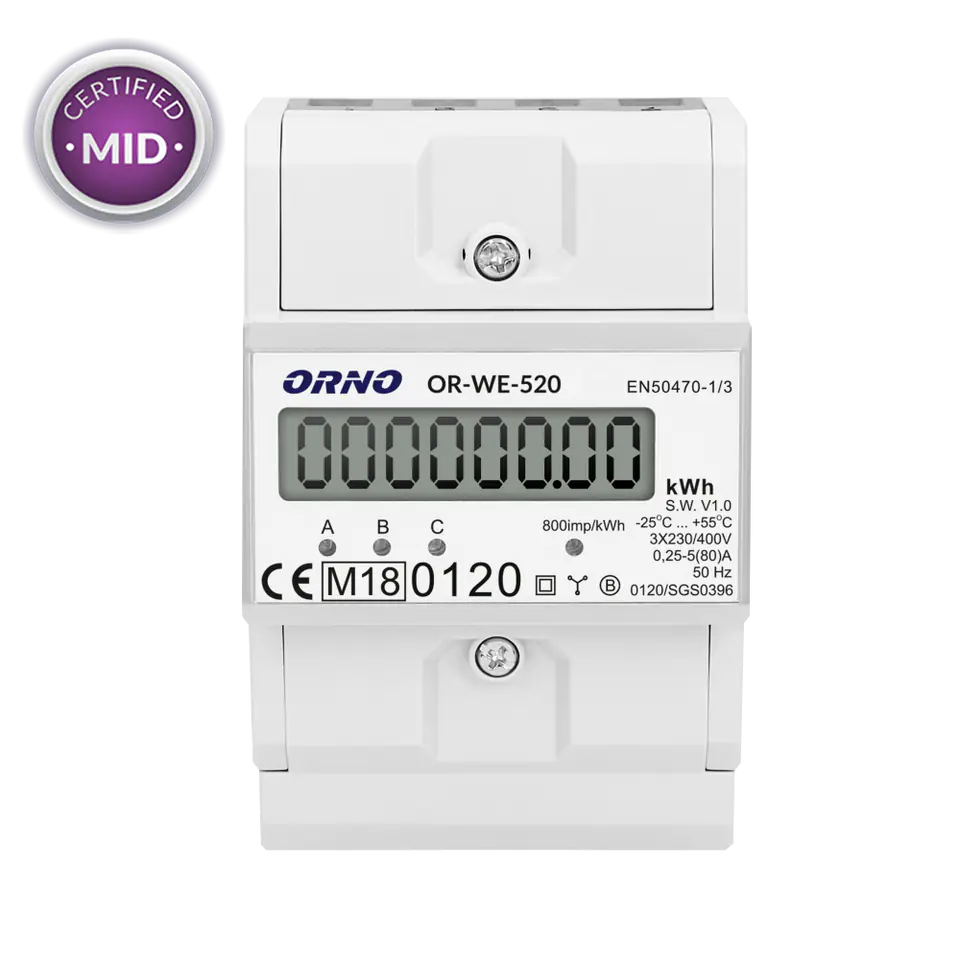 ⁨3-phase electricity meter, 80A, MID, 3 modules, DIN TH-35mm⁩ at Wasserman.eu