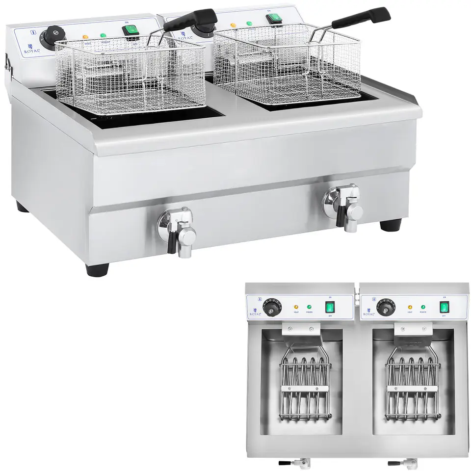 ⁨Frytkownica frytownica gastronomiczna dwukomorowa z kranami 230V 2x16L⁩ w sklepie Wasserman.eu