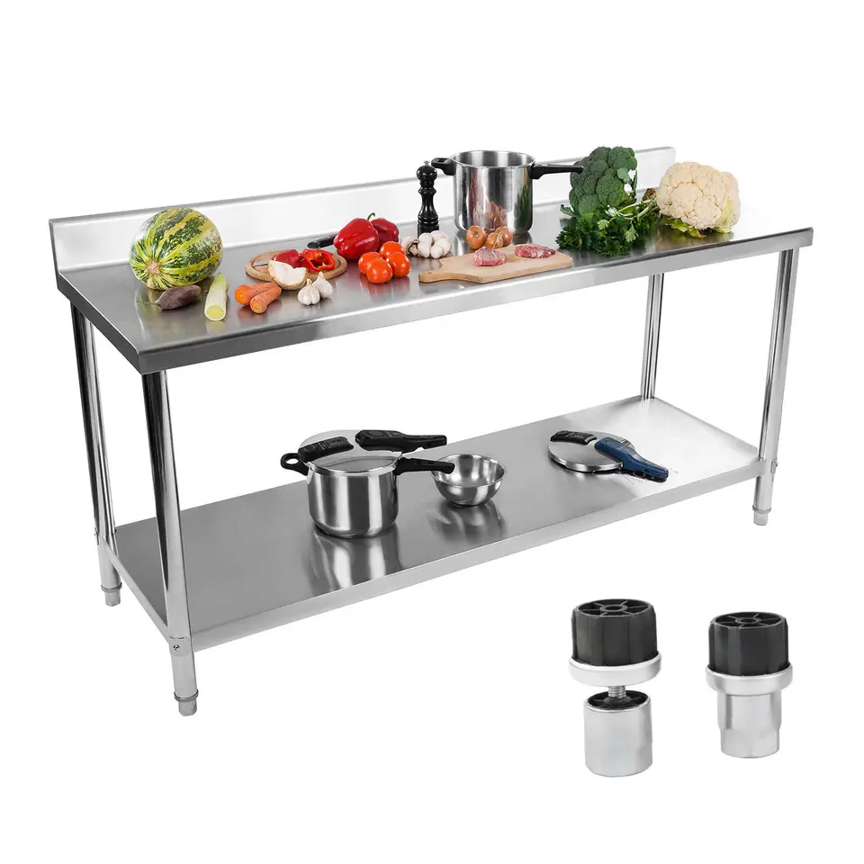 ⁨Table table worktop steel catering wall-mounted with edge and shelf 200x60cm⁩ at Wasserman.eu
