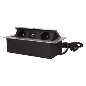 ⁨Einbau-Möbelsteckdose mit flach gefräster Kante, USB-Ladegerät und 1,5m Kabel, 2x2P+Z, 2xUSB, silber⁩ im Wasserman.eu