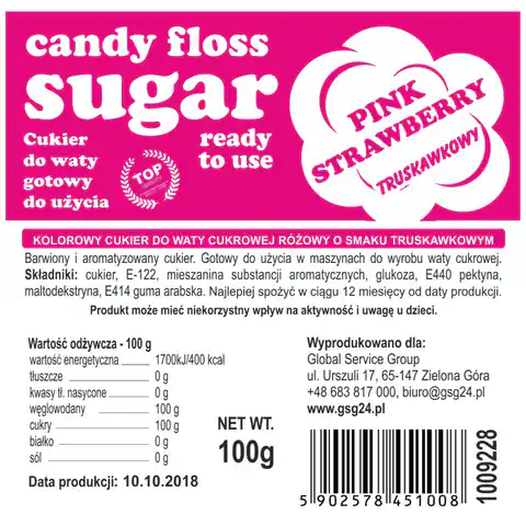 ⁨Kolorowy cukier do waty cukrowej różowy o smaku truskawkowym - saszetka 100g⁩ w sklepie Wasserman.eu