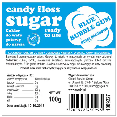 ⁨Kolorowy cukier do waty cukrowej niebieski o smaku gumy balonowej - saszetka 100g⁩ w sklepie Wasserman.eu