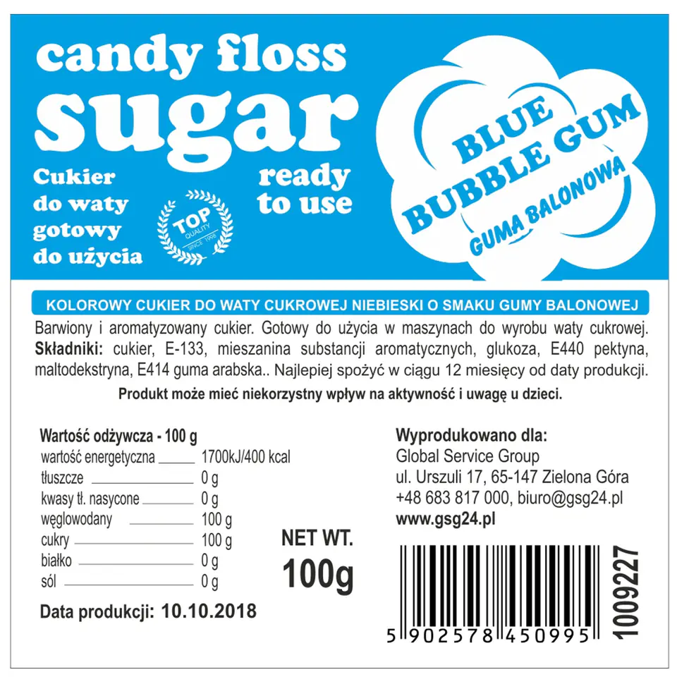 Colorful sugar for cotton candy blue with bubble gum flavor - sachet 100g at Wasserman.eu