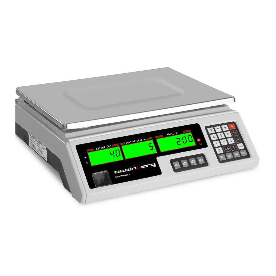 ⁨Shop scale checker 339x233mm power supply + battery 40kg / 2g - white⁩ at Wasserman.eu