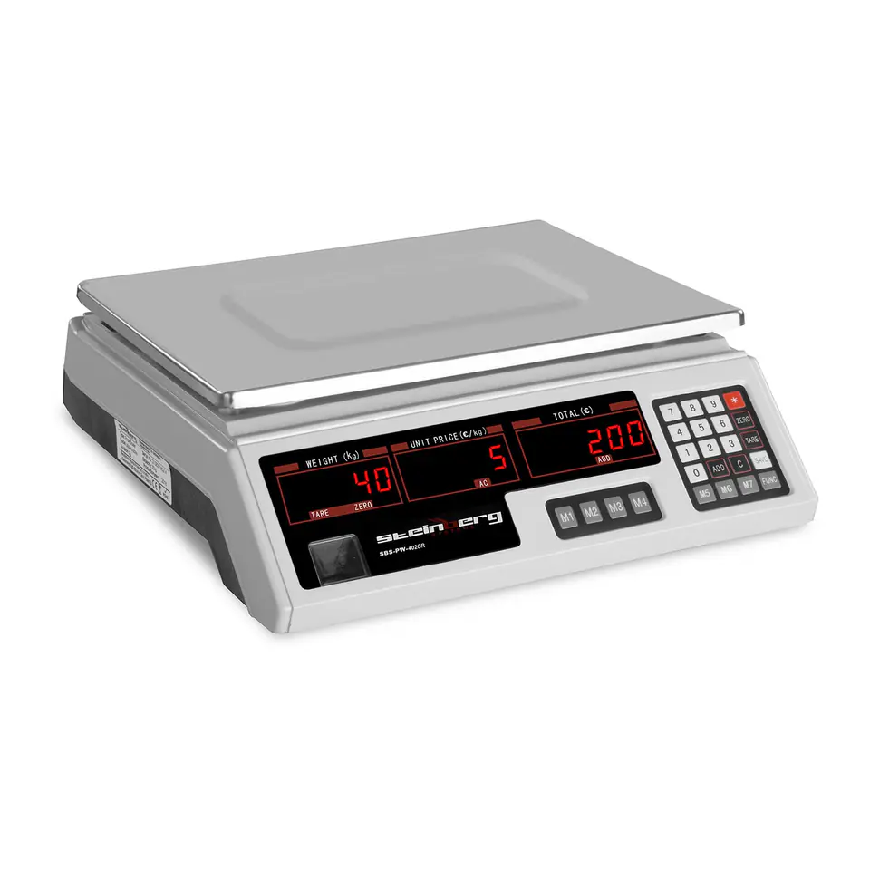 ⁨Shop scale checker 330x240mm power supply + battery 40kg / 2g - white⁩ at Wasserman.eu