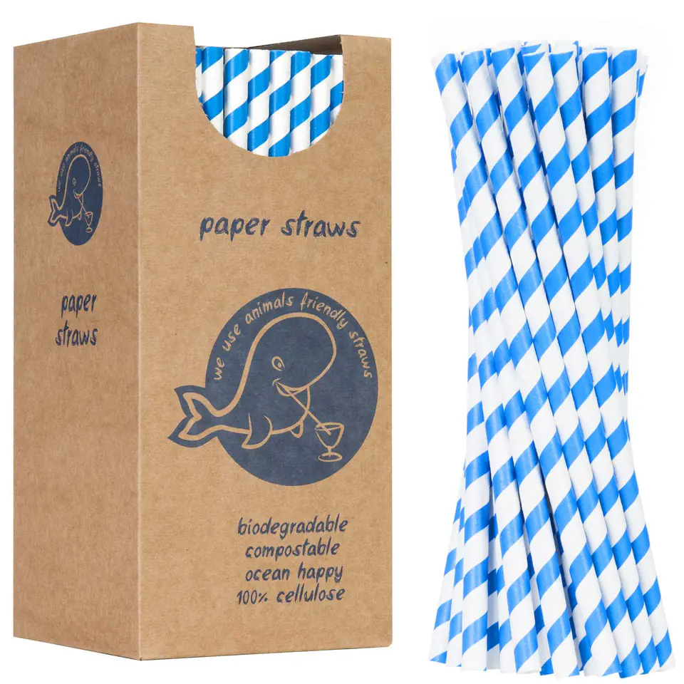 ⁨Paper straws BIO ecological PAPER STRAWS thick 8/205mm - white and blue 160pcs.⁩ at Wasserman.eu