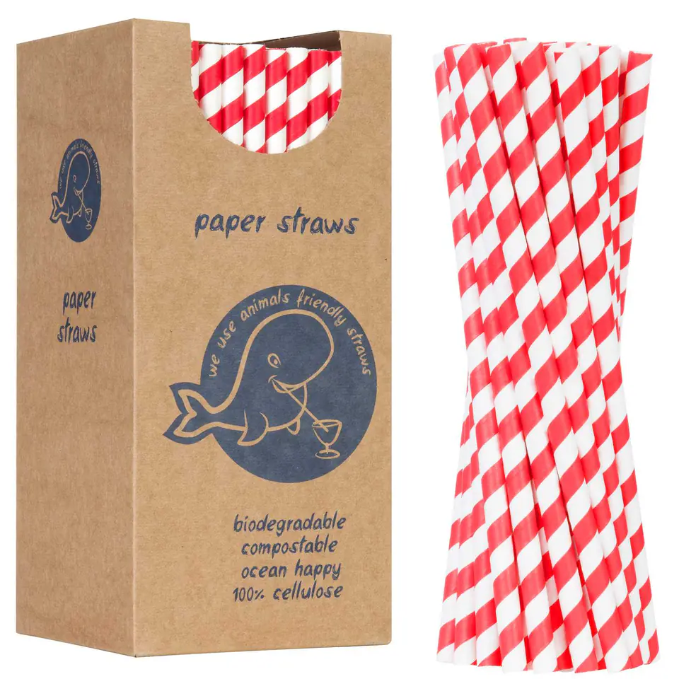 ⁨Paper straws BIO ecological PAPER STRAWS thick 8/205mm - white and red 160pcs.⁩ at Wasserman.eu