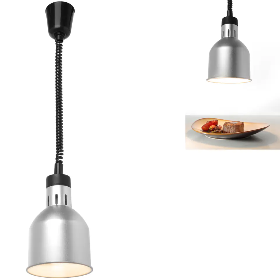 ⁨Lampa do podgrzewania potraw - wisząca cylindryczna stożkowa srebrna 250W⁩ w sklepie Wasserman.eu