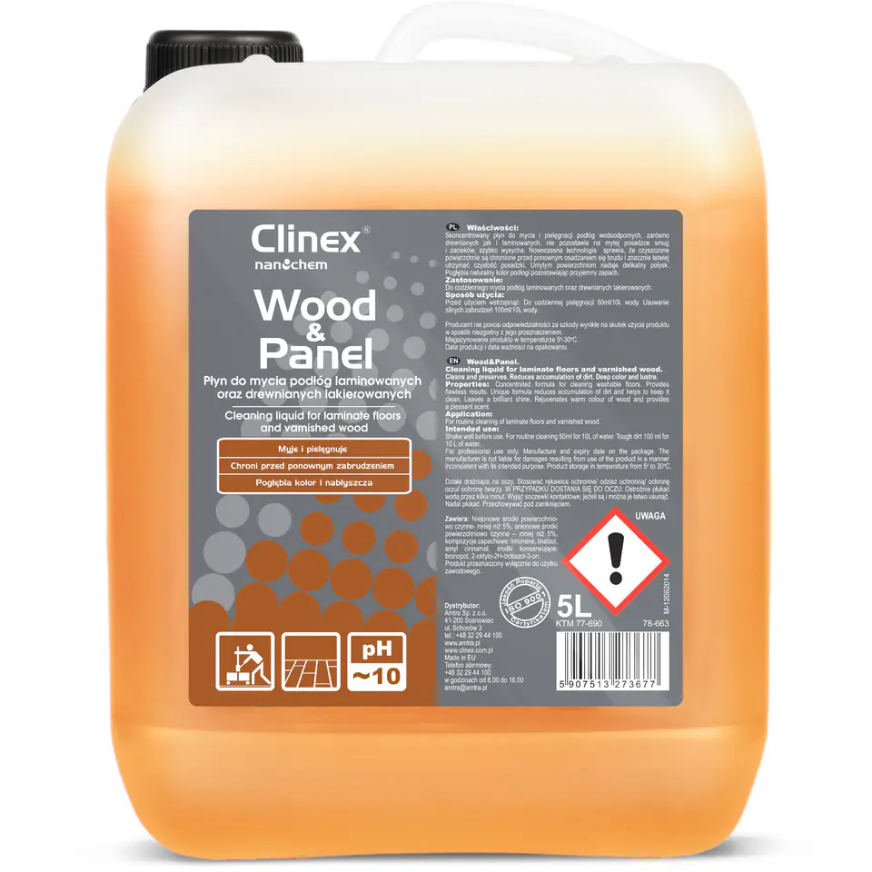 ⁨Płyn do mycia podłóg drewnianych paneli CLINEX Wood-Panel 5L⁩ w sklepie Wasserman.eu