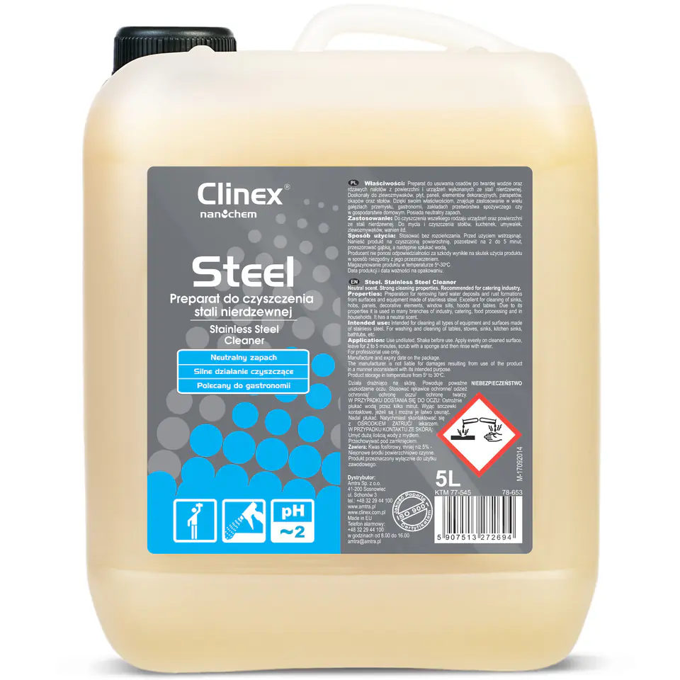 ⁨Liquid for cleaning furniture and appliances made of stainless steel CLINEX Gastro Steel 5L⁩ at Wasserman.eu