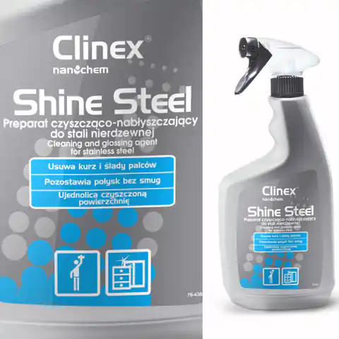 ⁨Preparat do czyszczenia i nabłyszczania mebli i urządzeń ze stali nierdzewnej CLINEX Shine Steel 650ML⁩ w sklepie Wasserman.eu