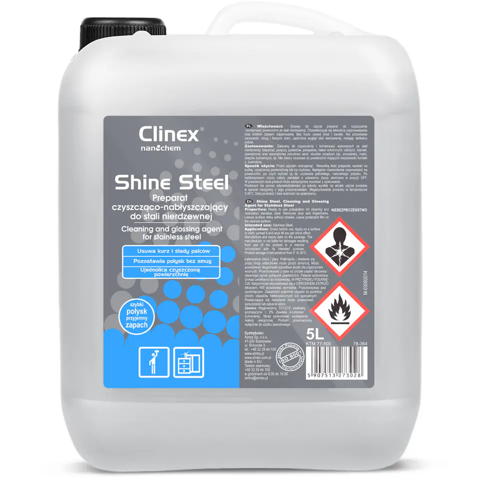 ⁨Cleaning and polishing agent for furniture and appliances made of stainless steel CLINEX Shine Steel 5L⁩ at Wasserman.eu