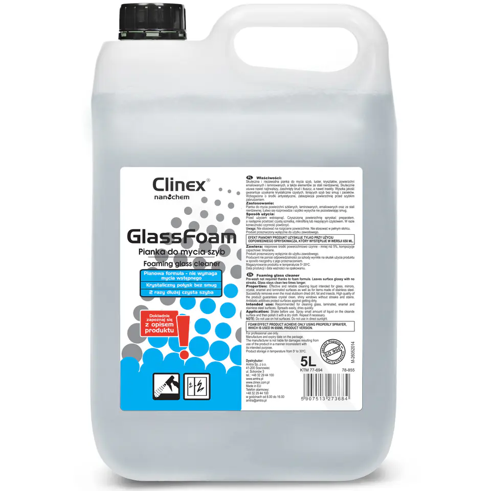 ⁨Professional glass cleaner for glass mirrors without streaks and stains CLINEX Glass Foam 5L⁩ at Wasserman.eu