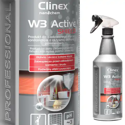 ⁨Preparat do mycia łazienki ubikacji usuwa rdzę kamień osady z mydła CLINEX W3 Active SHIELD 1L⁩ w sklepie Wasserman.eu