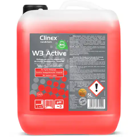 ⁨Środek płyn do mycia sanitariatów i łazienek na bazie kwasu cytrynowego CLINEX W3 Active BIO 5L⁩ w sklepie Wasserman.eu
