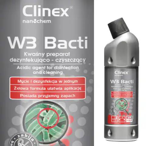 ⁨Płyn bakteriobójczy do dezynfekcji i odgrzybiania łazieniek i urządzeń sanitarnych CLINEX W3 Bacti 1L⁩ w sklepie Wasserman.eu