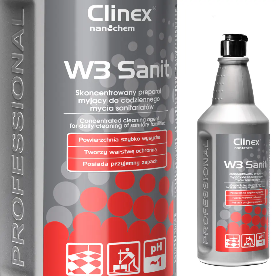 ⁨Liquid concentrate for washing the glaze of wall floors in sanitary bathrooms CLINEX W3 Sanit 1L⁩ at Wasserman.eu