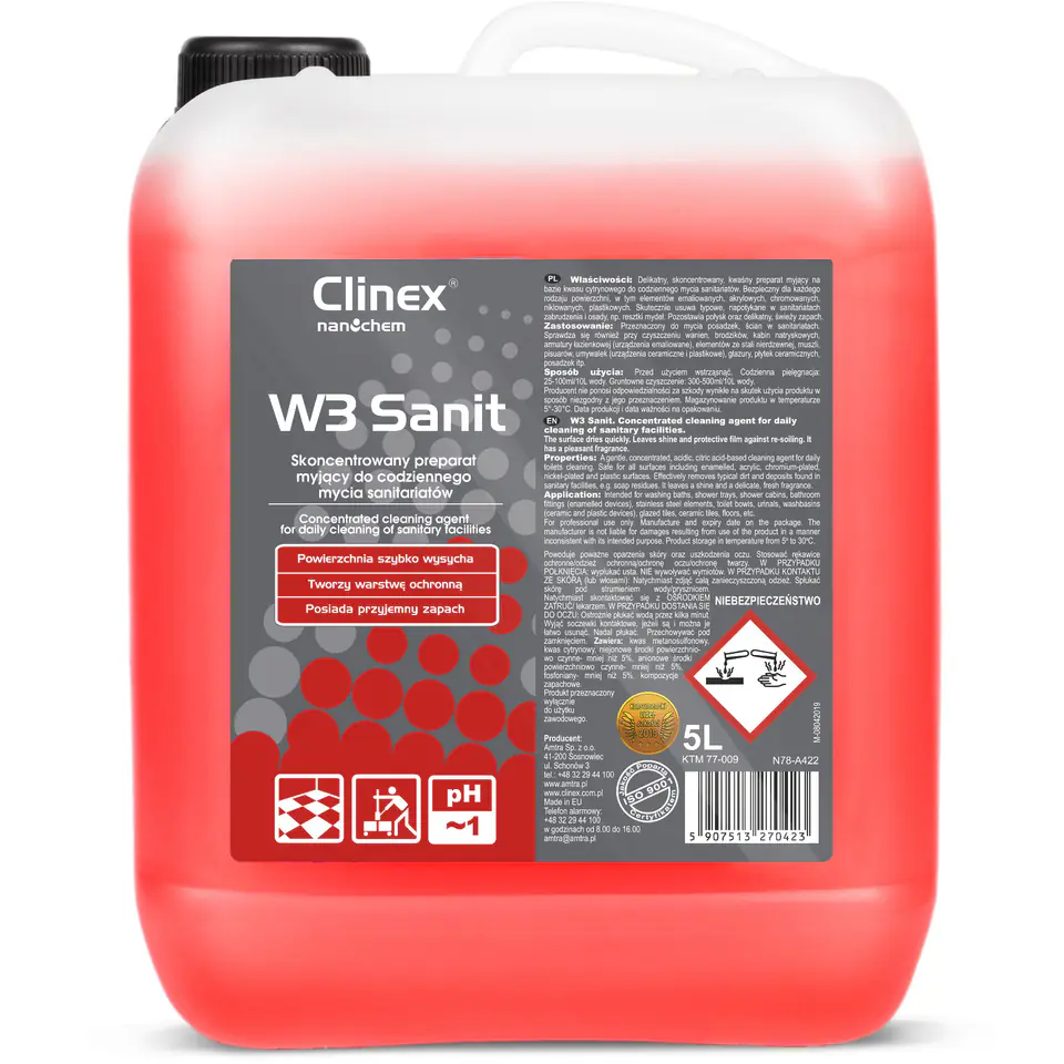 ⁨Liquid concentrate for washing tiles, walls, sanitary facilities, bathrooms CLINEX W3 Sanit 5L⁩ at Wasserman.eu