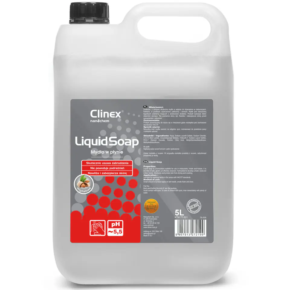 ⁨Mydło w płynie do rąk nawilżające zapach migdałowy CLINEX Liquid Soap 5L⁩ w sklepie Wasserman.eu