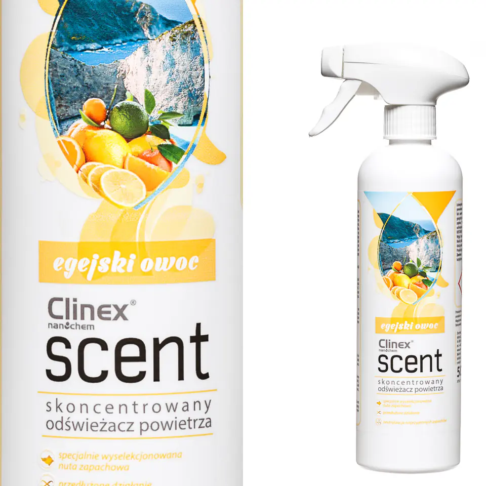 ⁨Skoncentrowany odświeżacz powietrza rozpylany na powierzchnie CLINEX Scent - Egejski Owoc 500ML⁩ w sklepie Wasserman.eu